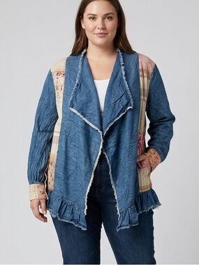 Young Threads Denim Blue Patchwork Jean Jacket with Ruffle Trim NWT